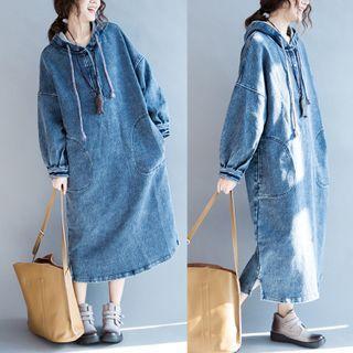 Denim Long-sleeve Hooded Midi Shift Dress