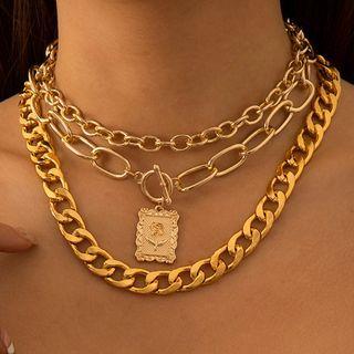 Set Of 3 : Rose Pendant Alloy Necklace + Chunky Alloy Necklace + Alloy Choker