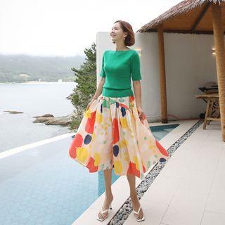 Dotted Long Full Skirt Beige - One Size