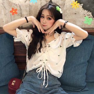 Elbow-sleeve Floral Drawstring Cropped Top