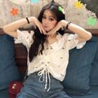 Elbow-sleeve Floral Drawstring Cropped Top