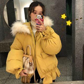 Faux-fur Trim Hooded Padded Coat Yellow - One Size