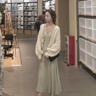 Set: Loose-fit Cardigan + Sleeveless Knit Dress