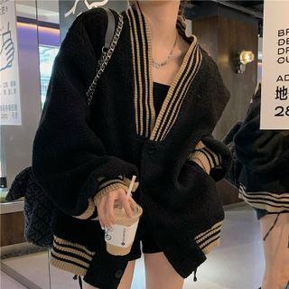 Long-sleeve Color Block Printed Fleece Jacket Jacket - One Size
