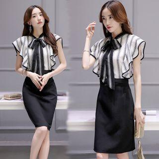 Cap-sleeve Tie Neck Striped Top