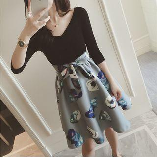 V-neck Mock Two-piece Floral Print Mini Dress