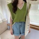 Crew-neck Knit Tank Top Green - One Size