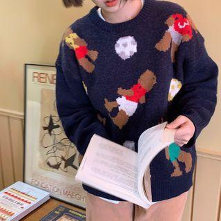Long-sleeve Printed Knit Sweater Blue - One Size