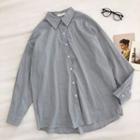 Color-block Striped Single-breasted Long-sleeve Blouse Gray - One Size
