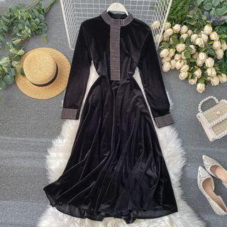 Rhinestone Long-sleeve Velvet Midi A-line Dress Black - One Size