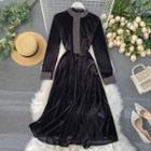 Rhinestone Long-sleeve Velvet Midi A-line Dress Black - One Size