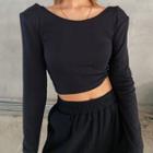 U-neck Padded Shoulder Long-sleeve Cropped Top