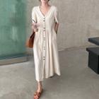 V-neck Single Breasted Loose Fit Short-sleeve Dress Off-white - One Size
