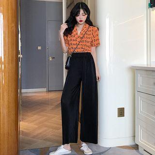 Lettering Short-sleeve Blouse / High-waist Cropped Wide-leg Pants