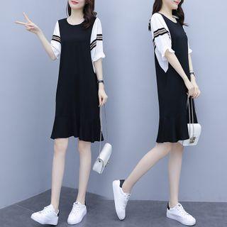 Balloon-sleeve Stripe Panel A-line Dress