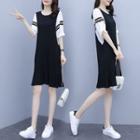 Balloon-sleeve Stripe Panel A-line Dress