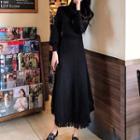 Mock-turtleneck Tasseled Midi Knit Dress Black - One Size