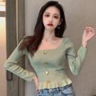 Square-neck Ruffle Hem Long-sleeve Knit Top