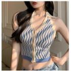 Halter-neck Collared Zigzag Print Knit Camisole Top Print - Blue & White - One Size
