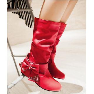Hidden Wedge Bow Mid-calf Boots