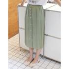 Button-front Pleated Long Skirt