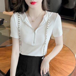 Short-sleeve Half-zip Hooded Knit Top