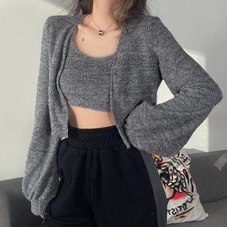 Set: Fluffy Open Front Cropped Cardigan + Camisole
