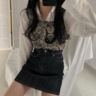 Plain Shirt / Paisley Print Camisole Top / Denim Mini Pencil Skirt
