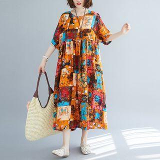 Short-sleeve Printed Midi Dress Plaid - Yellow - One Size