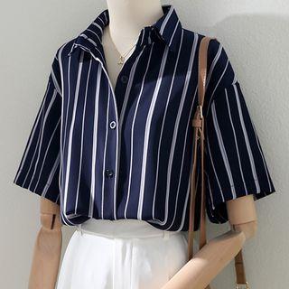 Short-sleeve Lapel Striped Shirt