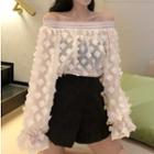 Off-shoulder Flower Applique Top Almond - One Size