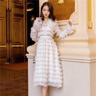 Long-sleeve Fringed Midi A-line Dress