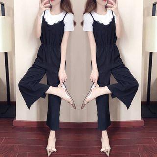 Set: Short-sleeve Top + Spaghetti Strap Jumpsuit