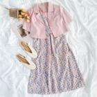 Plain Short-sleeve Jacket / Floral Strappy Midi Dress