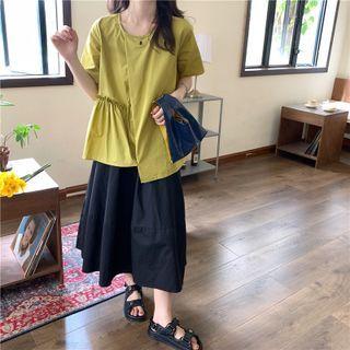 Short-sleeve Plain Asymmetrical Top / Plain Midi Skirt