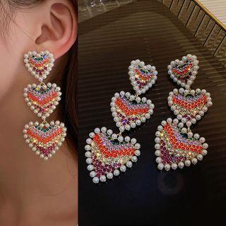 Heart Drop Earring 1 Pair - Love Heart - Green & Red & Fuchsia & Gold - One Size