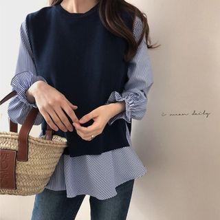 Set: Bell-sleeve Striped Blouse + Knit Vest