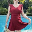 Cap-sleeve Frill Trim Swim Dress