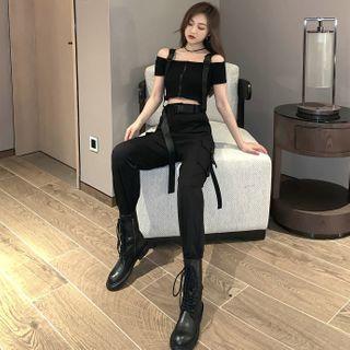 Cold-shoulder Short-sleeve Top / Long-sleeve Top / Cargo Jogger Pants / Set