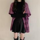 Plaid Short-sleeve Knit Jacket Purple - One Size