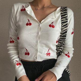 Long-sleeve Cherry Embroidered Button-up Knit Top