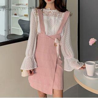 Set: Bell-sleeve Dotted Blouse + Mini A-line Suspender Skirt