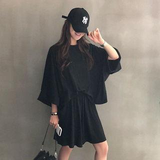 Set: Wide-sleeve Oversized Top + Band-waist Mini Skort