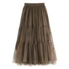 Mesh Tiered Midi A-line Skirt