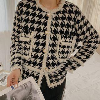 Houndstooth Fluffy Trim Cardigan