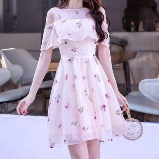 Short-sleeve Cold Shoulder Ruffled Embroidered Flower A-line Dress