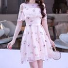 Short-sleeve Cold Shoulder Ruffled Embroidered Flower A-line Dress