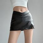 V-shape Faux-leather Mini Skirt