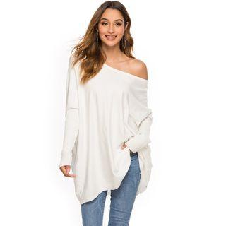 Off Shoulder Batwing-sleeve Plain Sweater