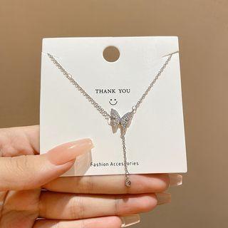 Butterfly Rhinestone Pendant Stainless Steel Necklace Silver - One Size